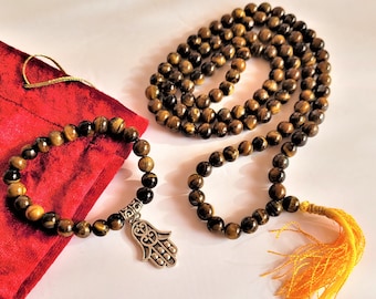 FLASH SALE 40%OFF|Affirmation Mala Jewelry Crystals Mala Bracelet Healing Stones Prayer Mala Japa Hand Knoted Meditation Tiger Eye Necklace