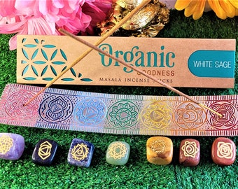 TODAY ONLY 50%OFF|7 Chakra Crystal Kit Healing Tumbled Set Chakra Balancing Crystals Healing Stones Organic Incense Holder - Perfect Gift