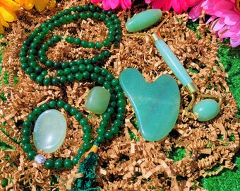 FLASH SALE 40%OFF|Green Aventurine Kit Facial Roller Guasha Set Crystal Beauty Gift Box Worry Stone Beaded Necklace Mala Bracelet
