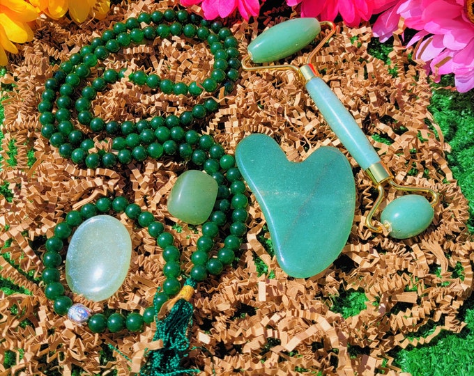 LAST CHANCE 50%OFF|Green Aventurine Kit Facial Roller Guasha Set Crystal Beauty Gift Box Worry Stone Beaded Necklace Mala Bracelet