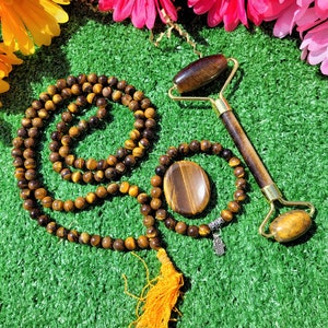 LAST CHANCE 40%OFF|Tiger Eye Kit Facial Roller Crystal Beauty Gift Box Worry Thumb Stone Beaded Necklace Mala Bracelet Spa gifts Self Care
