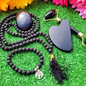 DERNIÈRE CHANCE 40 % DE RÉDUCTION | Ensemble guasha de rouleaux de massage en cristal de paume d&#39;obsidienne noire, kit de bracelet en cristal fait main, rouleau de massage