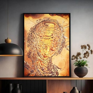 May include: A digital download of a surrealist painting featuring a woman's face with a geometric pattern and a golden background.