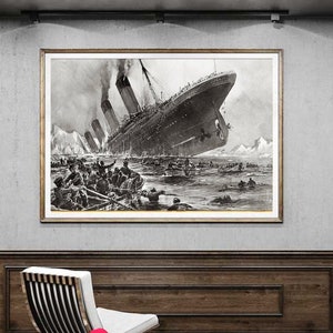 May include: A black and white illustration of the sinking of the Titanic. The ship is partially submerged in the water, with lifeboats and people in the water around it.