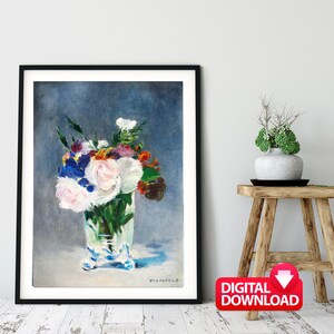 クリスタルの花瓶の花。エドゥアール・マネの植物の静物画、印刷