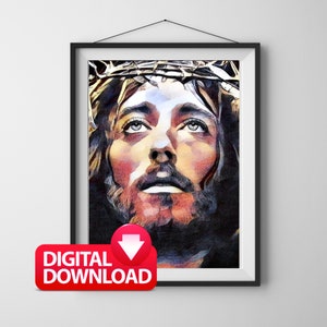 May include: A digital download of a painting depicting a close-up of Jesus Christ with a crown of thorns. The painting is done in a stylized, abstract style with a focus on the face and eyes. The background is blurred and the colors are vibrant.