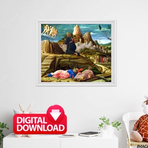 May include: A painting depicting a scene from the Bible, with a man in a dark robe kneeling on a rocky hilltop. Three figures are lying on the ground below, while a group of people walk up a path in the distance. The sky is blue and cloudy, and there are mountains in the background.