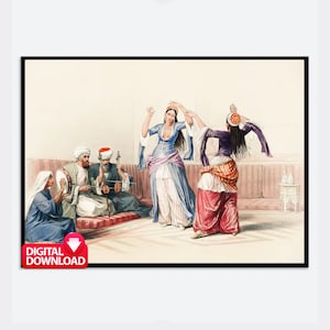 May include: A watercolor painting depicting a scene of traditional Middle Eastern music and dance. Two women in colorful clothing dance while three men play instruments. The scene is set in a room with a couch and a table.