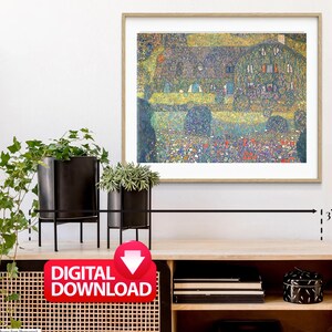 May include: Digital download of a painting of a house with a green roof and yellow walls surrounded by a field of flowers. The painting is in a wooden frame and is hanging on a wall.