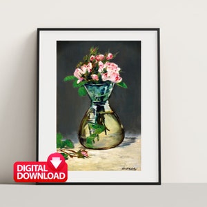 Moss ROSES  in a Vase 1882 by Edouard Manet Printable, Vintage Floral Oil Painting, Vintage Floral Wall Art, Art Nouveau Print