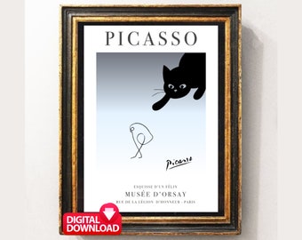 Picasso kat print, Picasso kat jaagt op vogelkunst, Picasso kat afdrukbare, Picasso lijntekening, kattenkunstwerk, kat zeer fijne tekeningen, Picasso kat kunst aan de muur