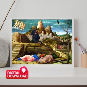 May include: A painting depicting a scene from the Bible, with Jesus praying in the foreground and three disciples sleeping in the background. The painting is set in a mountainous landscape with a city in the distance.