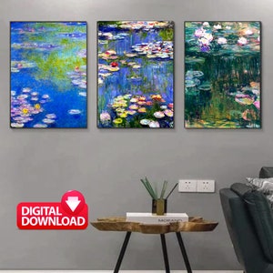 May include: Three digital art prints of water lilies in a pond. The prints are in a modern style with a blue, green, and purple color scheme. The prints are framed and hanging on a gray wall.