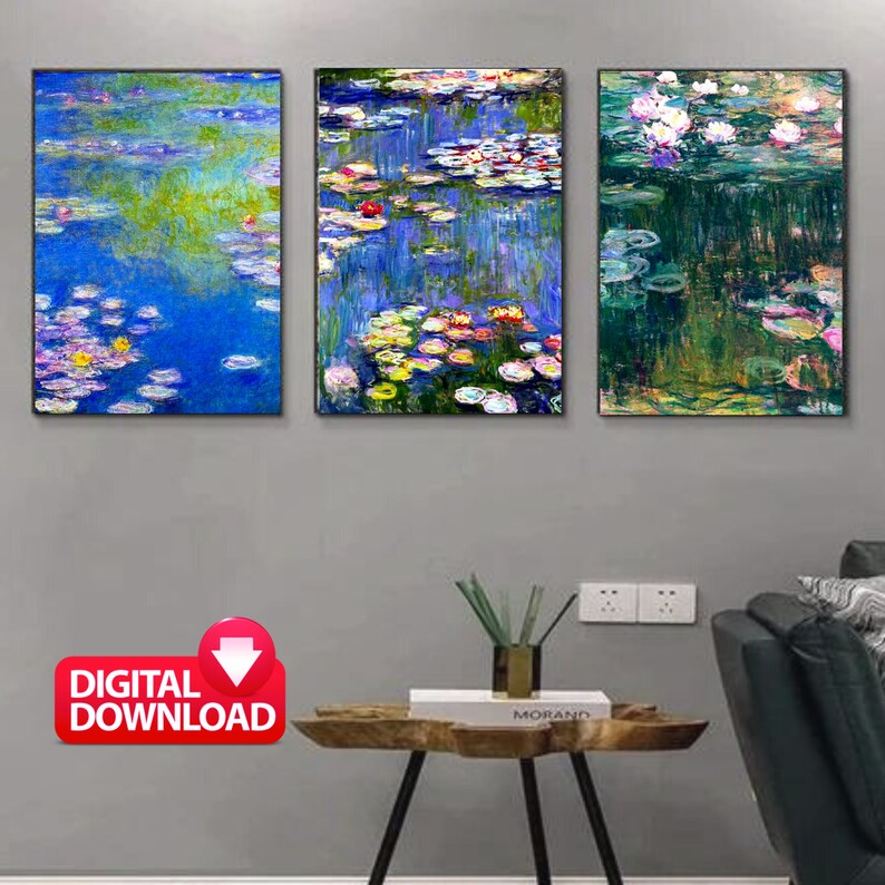 May include: Three digital art prints of water lilies in a pond. The prints are in a modern style with a blue, green, and purple color scheme. The prints are framed and hanging on a gray wall.
