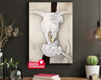 Georgia O'Keeffe koeienschedel met rozen kunstprint (digitale download)