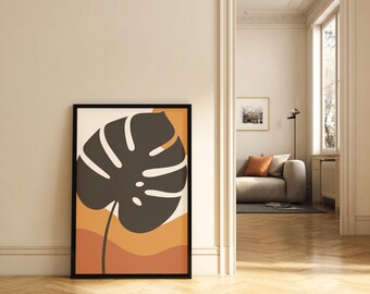Arte murale con foglie di Monstera di metà secolo / Poster botanico astratto / Stampa di piante minimaliste boho / Download digitale nei toni della terra