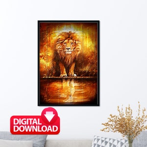 May include: A digital painting of a lion standing in a pool of water. The lion is looking directly at the viewer with a serious expression. The background is a golden color with a wooden texture.