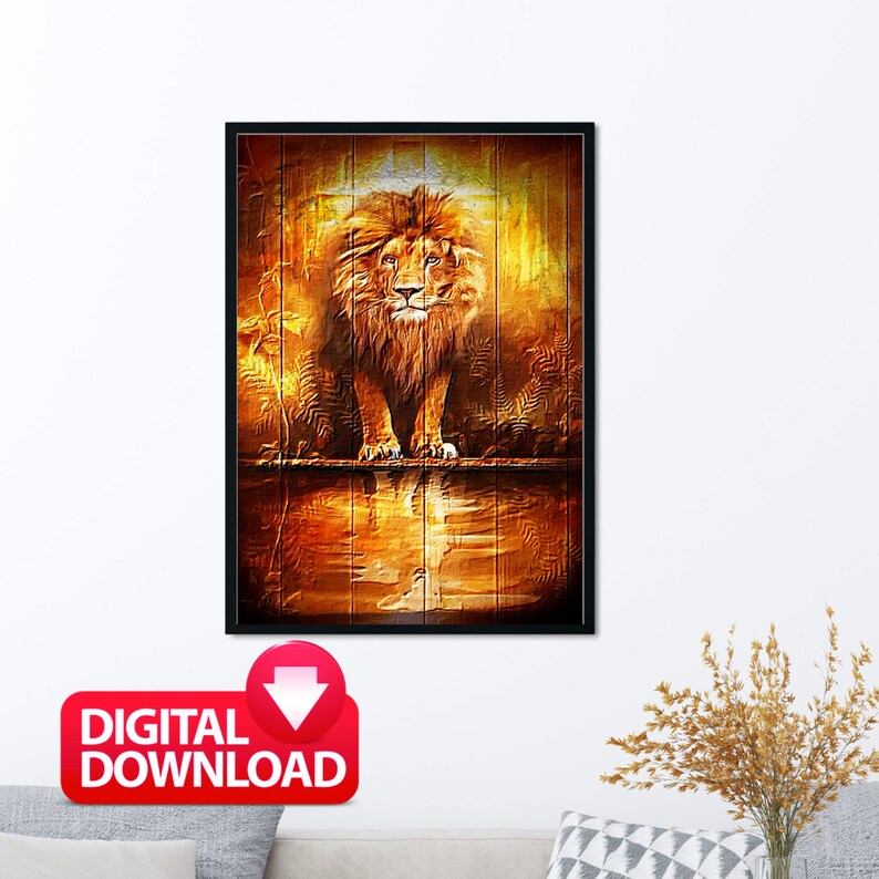 May include: A digital painting of a lion standing in a pool of water. The lion is looking directly at the viewer with a serious expression. The background is a golden color with a wooden texture.