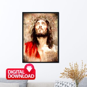 Op de afbeelding: Een digitale schildering van Jezus Christus met een doornenkroon en een rode mantel. De schildering is in vintage stijl met een textuur achtergrond.