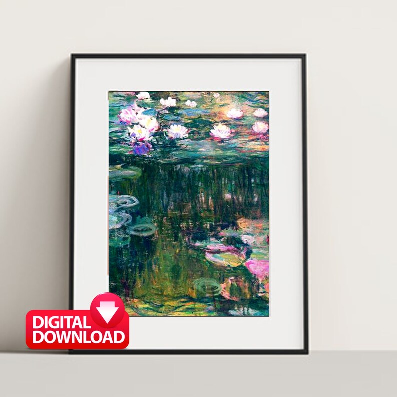 May include: A digital download of a painting of water lilies in a pond. The water lilies are white with pink accents and the pond is a vibrant green with hints of yellow and blue. The painting is framed in a black frame.
