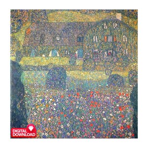 May include: A painting of a house with a green roof and white walls, surrounded by a field of colorful flowers. The house is set against a background of trees and a blue sky.
