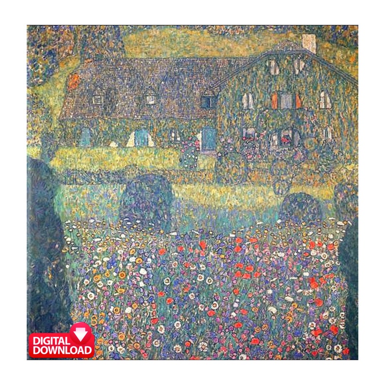 May include: A painting of a house with a green roof and white walls, surrounded by a field of colorful flowers. The house is set against a background of trees and a blue sky.