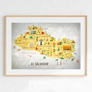 Kunst El Salvador, geïllustreerde kaart, afdrukbare poster El Salvador, geschenken El Salvador, decor El Salvador, Salvadoraanse kunst, culturele kunst