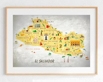 El Salvador Illustrated Map Art Print: Cultural Decor (Digital Download)