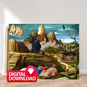 May include: A painting depicting a scene from the Bible, with a man kneeling in prayer on a rocky hillside. In the background, a city is visible, and three angels are flying in the sky. The painting is done in a realistic style, with vibrant colours and detailed brushstrokes.