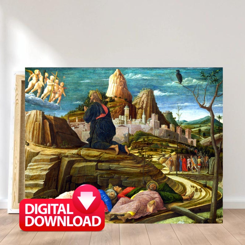 May include: A painting depicting a scene from the Bible, with a man kneeling in prayer on a rocky hillside. In the background, a city is visible, and three angels are flying in the sky. The painting is done in a realistic style, with vibrant colours and detailed brushstrokes.