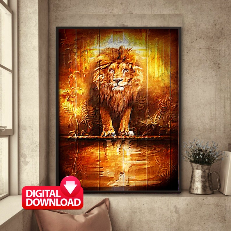 May include: A digital art print featuring a lion standing in front of a wooden background with a cross behind it. The lion is golden brown and has a mane. The background is a warm orange and brown color.