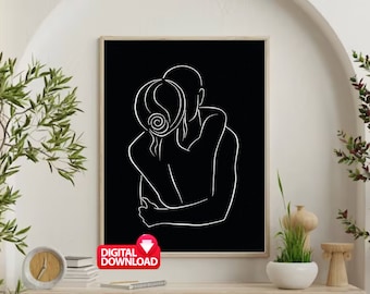 Sich küssendes Paar Linie Kunst Druck: Abstraktes Liebesbild (Digitaler Download)