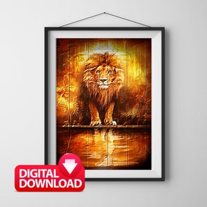 May include: A digital download of a painting featuring a lion standing on a wooden platform with a golden background. The lion has a mane of golden brown fur and is looking directly at the viewer.