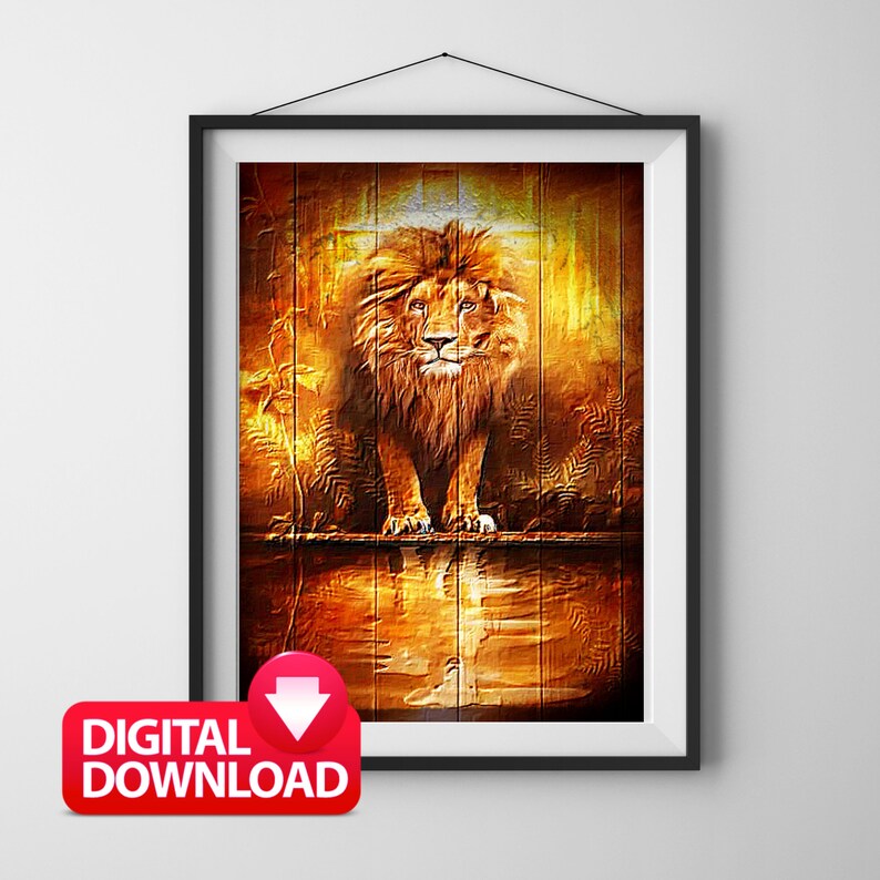 May include: A digital download of a painting featuring a lion standing on a wooden platform with a golden background. The lion has a mane of golden brown fur and is looking directly at the viewer.