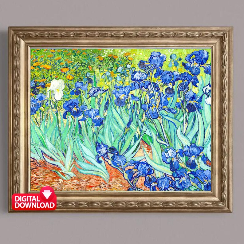 May include: A painting of a field of blue irises with green leaves and a few white irises in the background. The painting is done in a style reminiscent of Vincent van Gogh.