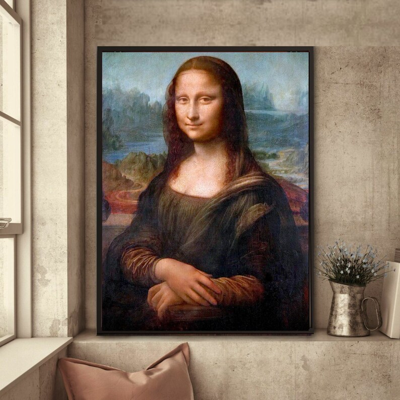 May include: A framed painting of a woman with long dark hair and a soft smile. She is wearing a dark green dress and is sitting in front of a landscape background.