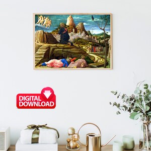 May include: A painting depicting a scene from the Bible, with a man kneeling in prayer on a rocky hilltop.  The man is surrounded by other figures, including angels in the sky.  The painting is set against a backdrop of a city and mountains.