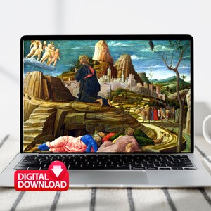 May include: A digital painting depicting a scene from the Bible. A man kneels in prayer on a rocky hilltop, while three figures in the sky above him appear to be angels. In the distance, a city is visible, and a group of people walk along a path.