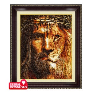 May include: A digital art print of a lion with a crown of thorns, depicting Jesus Christ. The image is in a brown frame with gold accents.