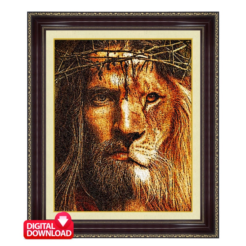 May include: A digital art print of a lion with a crown of thorns, depicting Jesus Christ. The image is in a brown frame with gold accents.