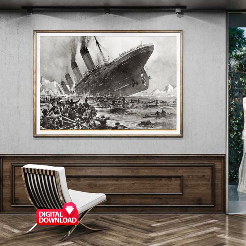 May include: A black and white illustration of the sinking of the Titanic. The ship is partially submerged in the water, with lifeboats and people in the water around it.