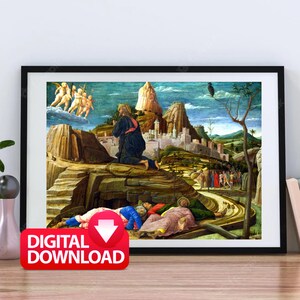 May include: A painting depicting a scene from the Bible. A man kneels in prayer on a rocky hilltop, while three figures in the sky above him appear to be angels. In the distance, a group of people walk along a path.