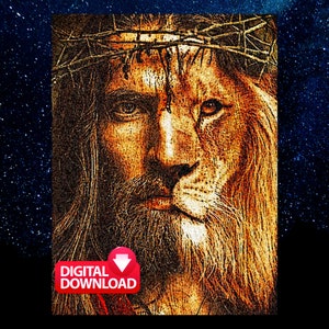 May include: A digital art print of a lion with a crown of thorns, depicting Jesus Christ. The image is in shades of gold and brown, with a textured effect.