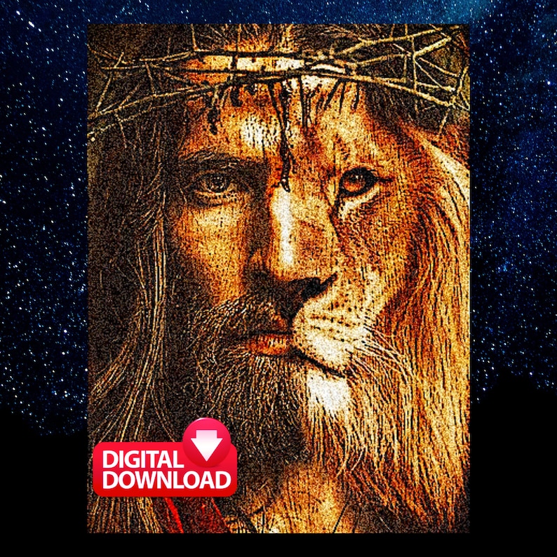 May include: A digital art print of a lion with a crown of thorns, depicting Jesus Christ. The image is in shades of gold and brown, with a textured effect.