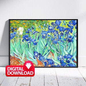 May include: A digital download of a painting of a field of blue irises with green leaves. The painting is in a style reminiscent of Vincent van Gogh.