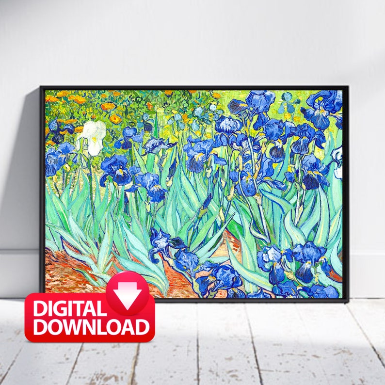 May include: A digital download of a painting of a field of blue irises with green leaves. The painting is in a style reminiscent of Vincent van Gogh.