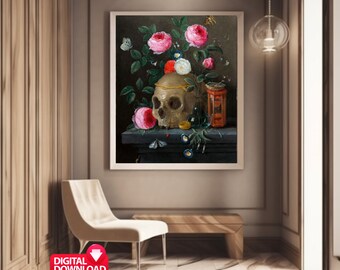 Skull With Colorful Flowers ANTIQUE 1670 Painting, Vintage Floral Skull Digital Download Print, Skull Poster, Skull Wall Art