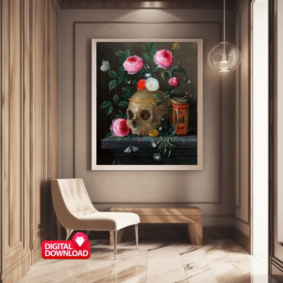 Skull With Colorful Flowers ANTIQUE 1670 Painting, Vintage Floral Skull Digital Download Print, Skull Poster, Skull Wall Art