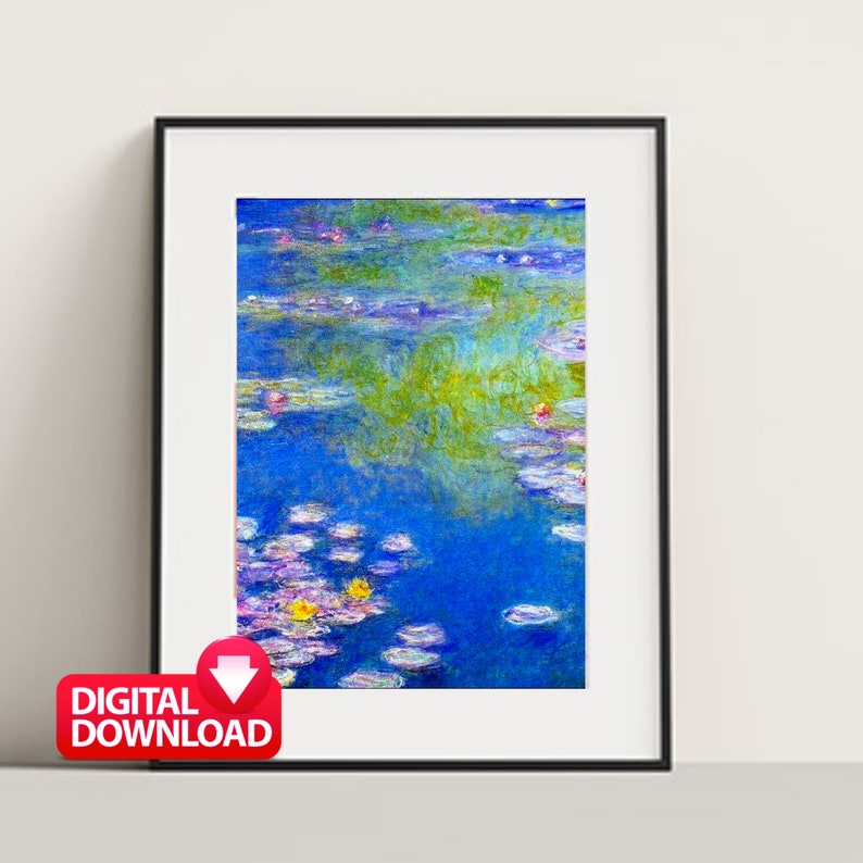 May include: A digital download of a painting depicting a pond with water lilies. The water is a vibrant blue with hints of green and yellow. The water lilies are pink and white with yellow centers. The painting is in a black frame.