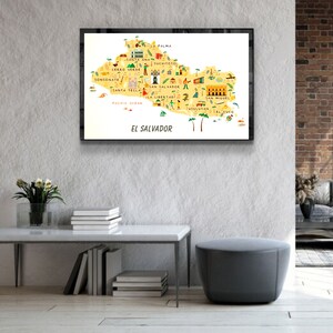 May include: A colorful illustrated map of El Salvador, showing the country's major cities and landmarks. The map is on a white background with a yellow outline of the country. The map includes icons representing various points of interest, such as churches, volcanoes, and beaches.